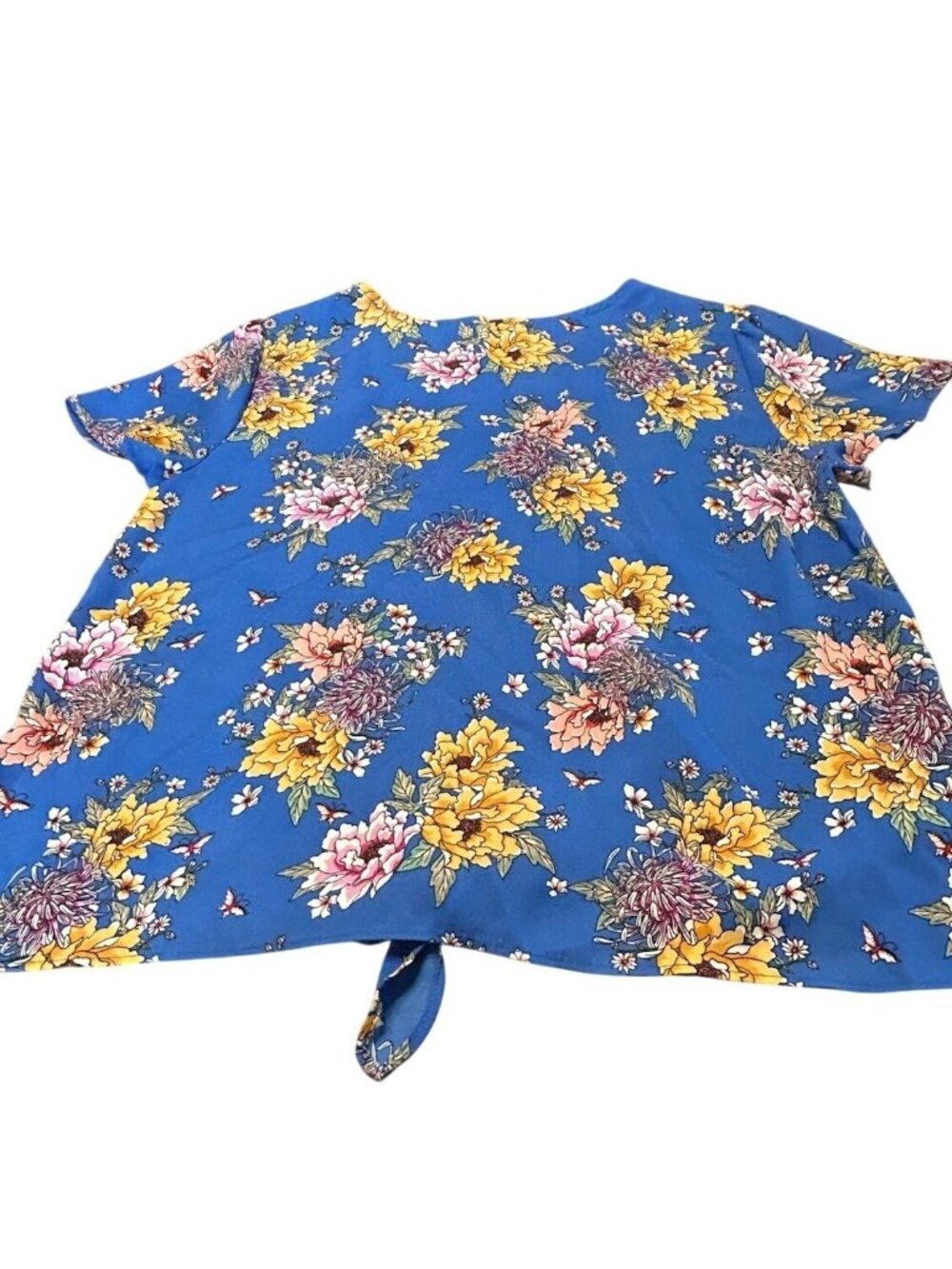 Pink Rose Vintage Floral Tie Front Blouse Medium Blue Short Sleeve Top Boho